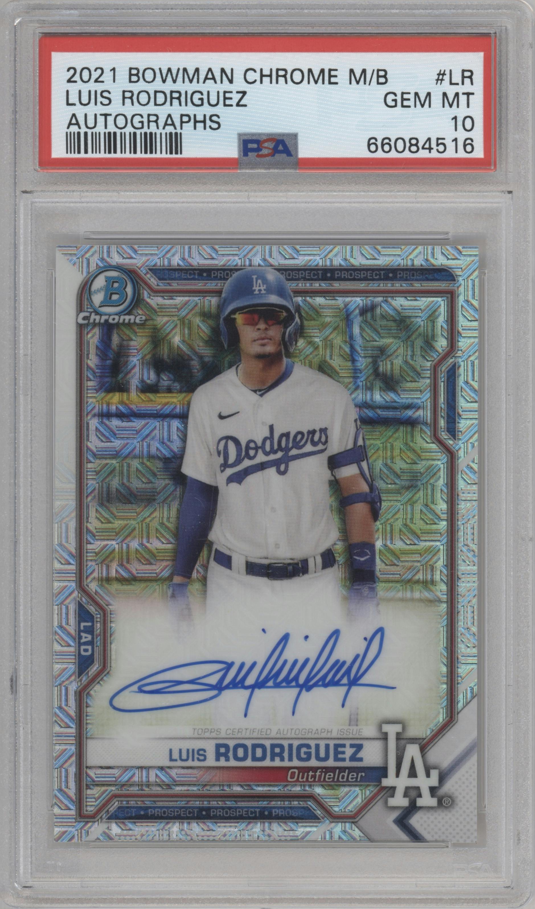 Luis Rodriguez from the 2021 Bowman Chrome Mega Box set graded by PSA and given an overall grade of 10.