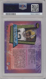 Aaron Rodgers from the 2015 Topps Finest set featuring a Pulsar Refractor parallel graded by PSA and given an overall grade of 8.