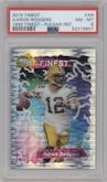 Aaron Rodgers from the 2015 Topps Finest set featuring a Pulsar Refractor parallel graded by PSA and given an overall grade of 8.