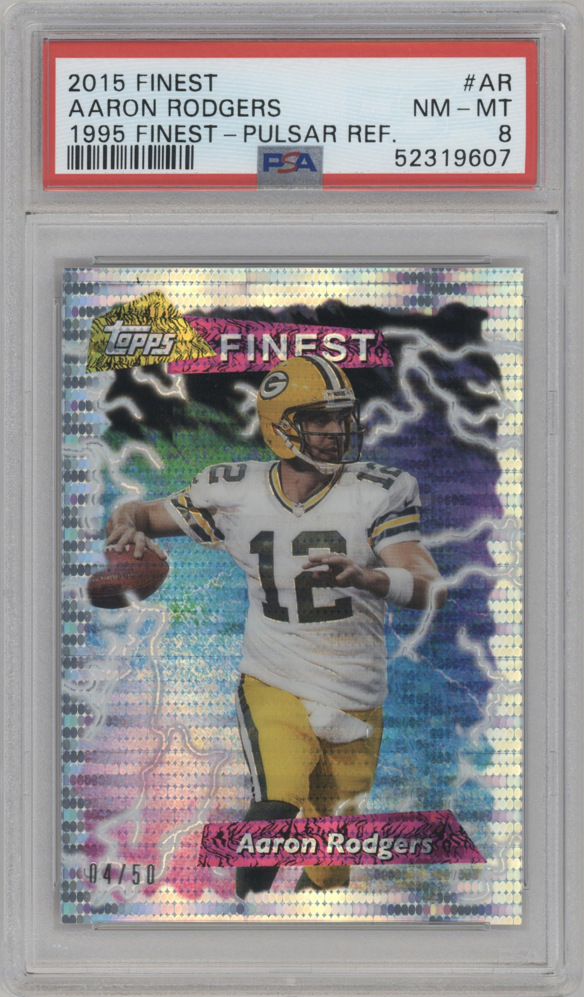 Aaron Rodgers from the 2015 Topps Finest set featuring a Pulsar Refractor parallel graded by PSA and given an overall grade of 8.