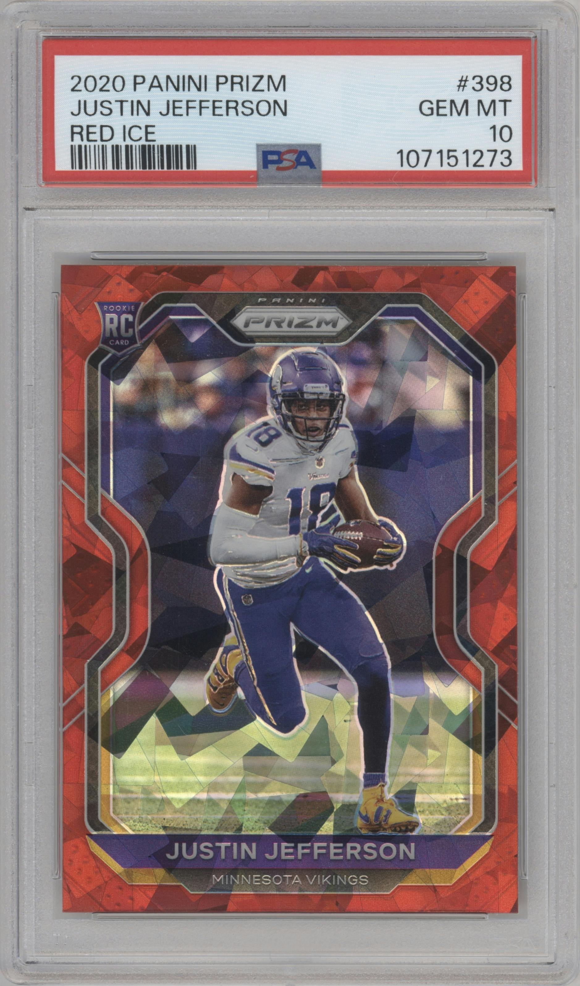 Justin Jefferson from the 2020 Panini Prizm set featuring a Red Ice Prizm parallel graded by PSA and given an overall grade of 10.