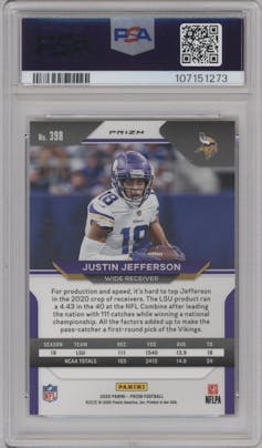 Justin Jefferson from the 2020 Panini Prizm set featuring a Red Ice Prizm parallel graded by PSA and given an overall grade of 10.