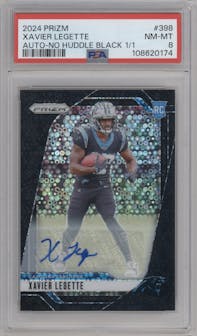 Xavier Legette from the 2024 Panini Prizm set featuring a No Huddle Black parallel graded by PSA and given an overall grade of 8.