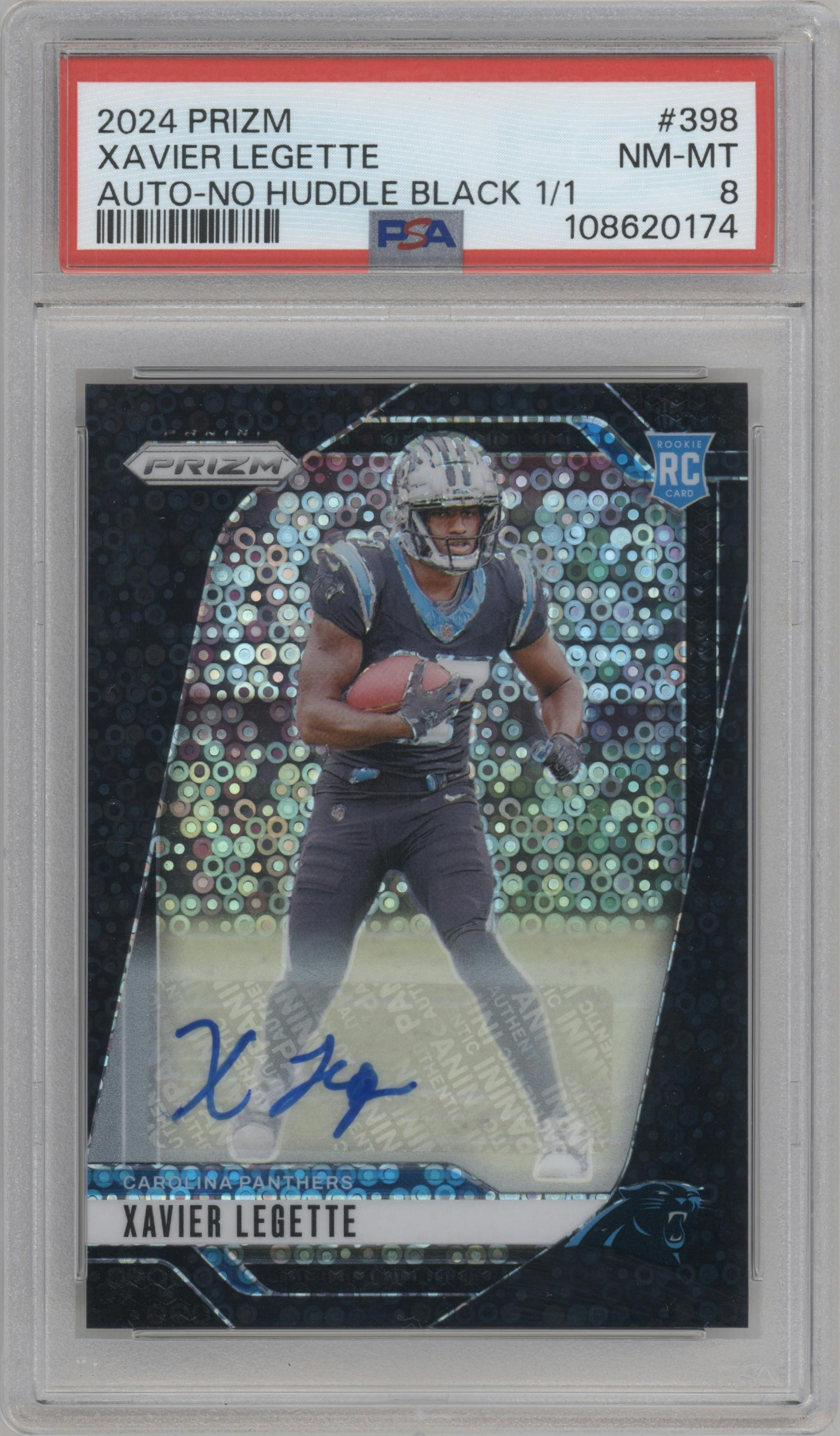 Xavier Legette from the 2024 Panini Prizm set featuring a No Huddle Black parallel graded by PSA and given an overall grade of 8.