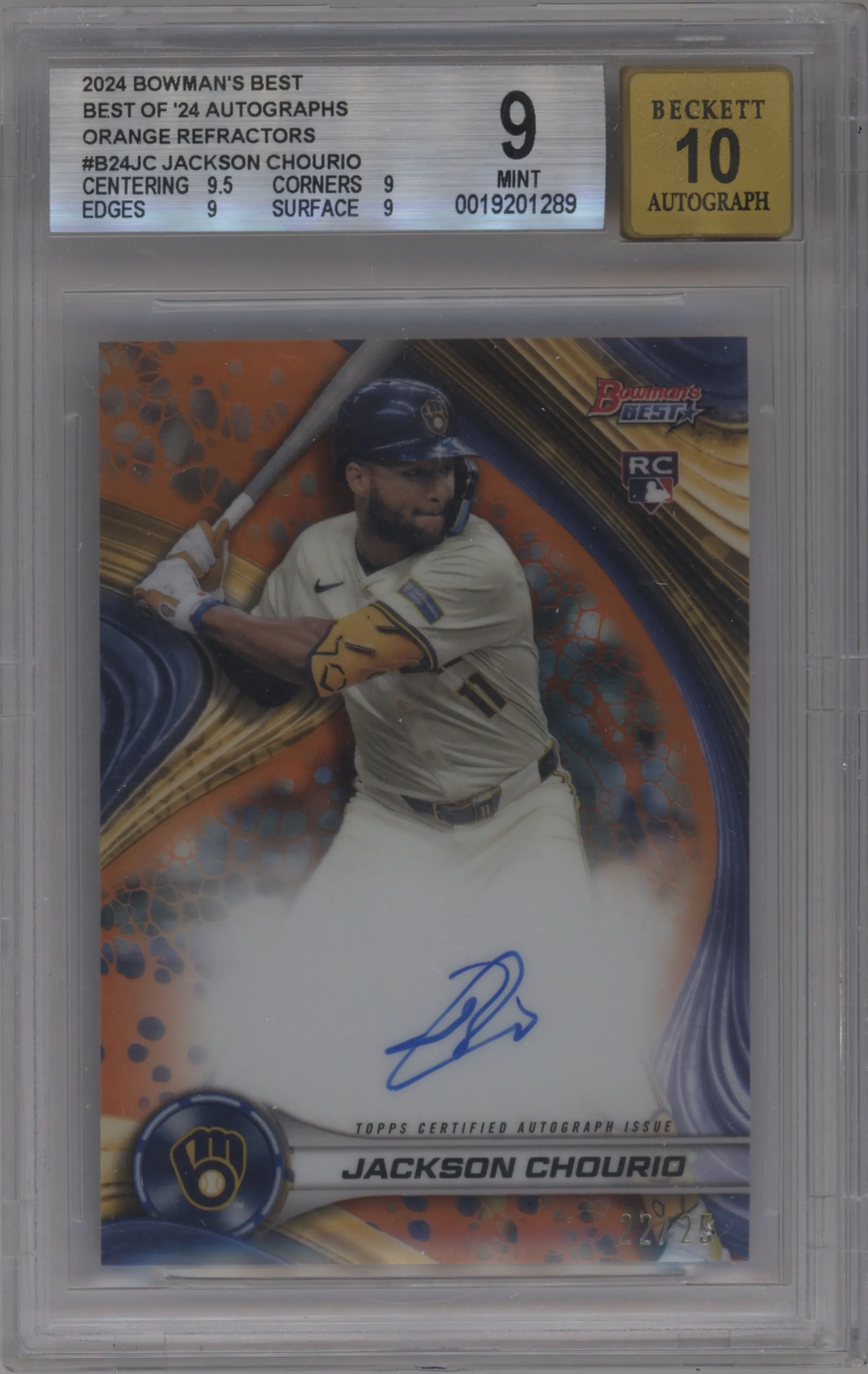 2024 Bowman's Best Best of 24 Auto Jackson Chourio Orange Refractor #B24-JC BGS 9