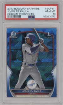 Josue De Paula from the 2023 Bowman Sapphire Edition set graded by PSA and given an overall grade of 10.