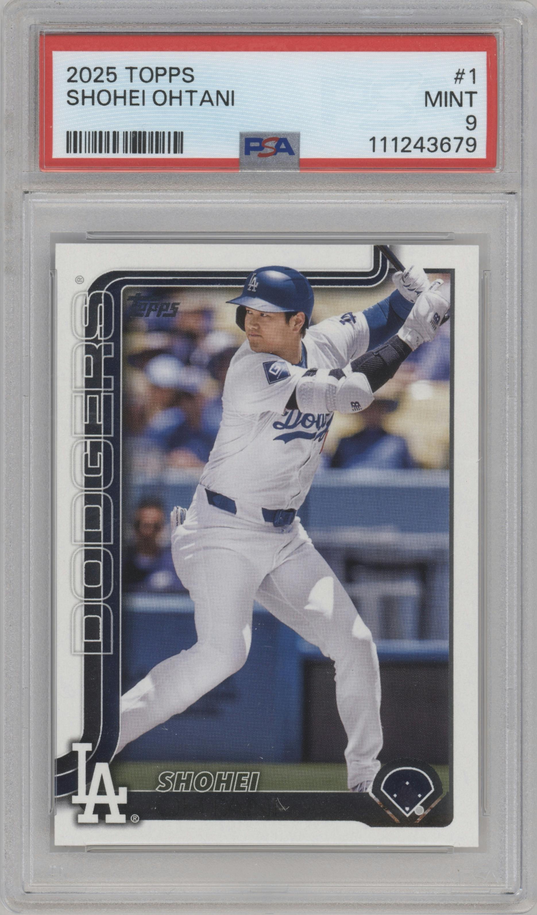 Shohei Ohtani from the 2025 Topps set graded by PSA and given an overall grade of 9.