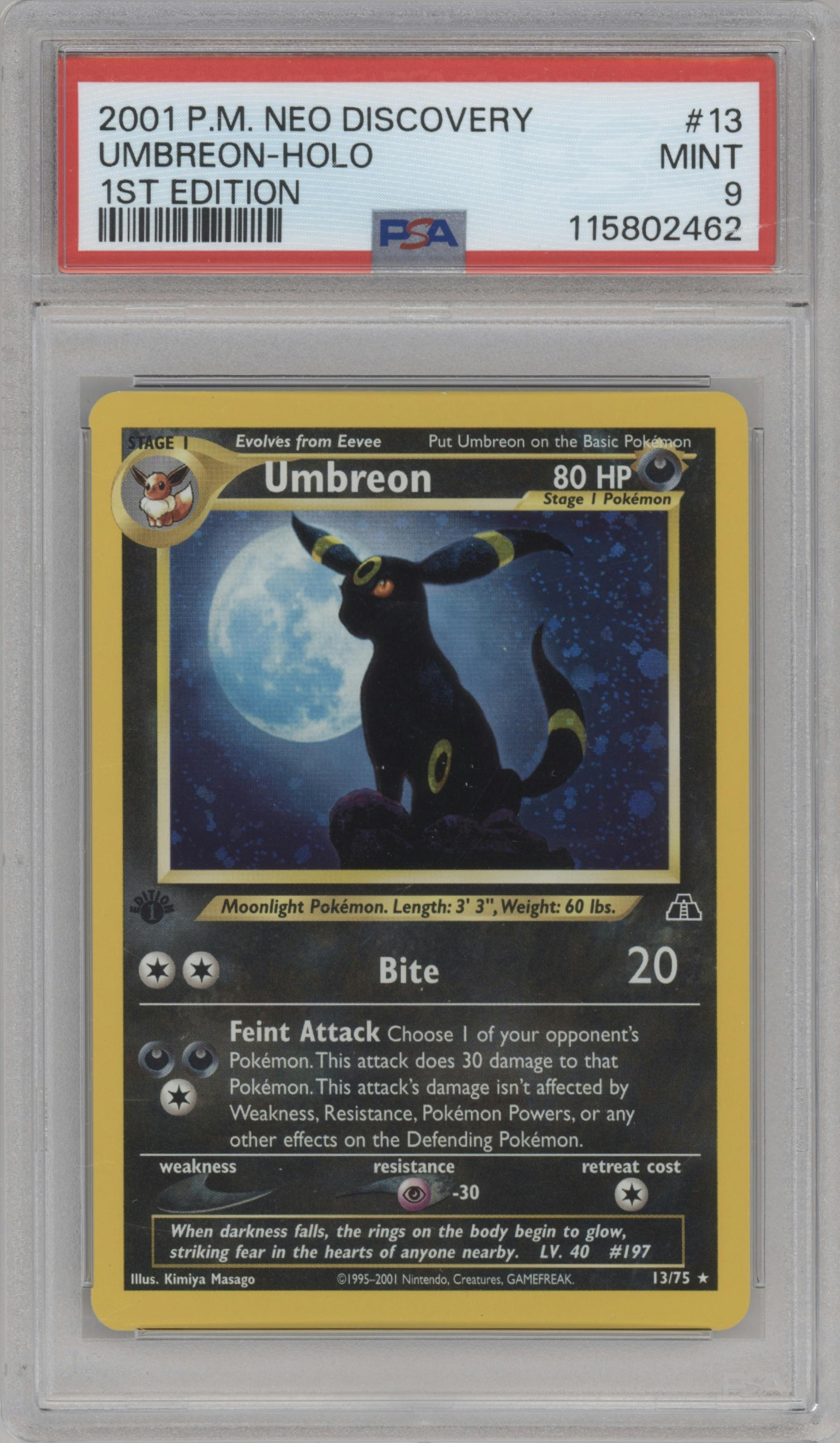 Umbreon from the 2001 Pokemon Neo Genesis set graded by PSA and given an overall grade of 9.