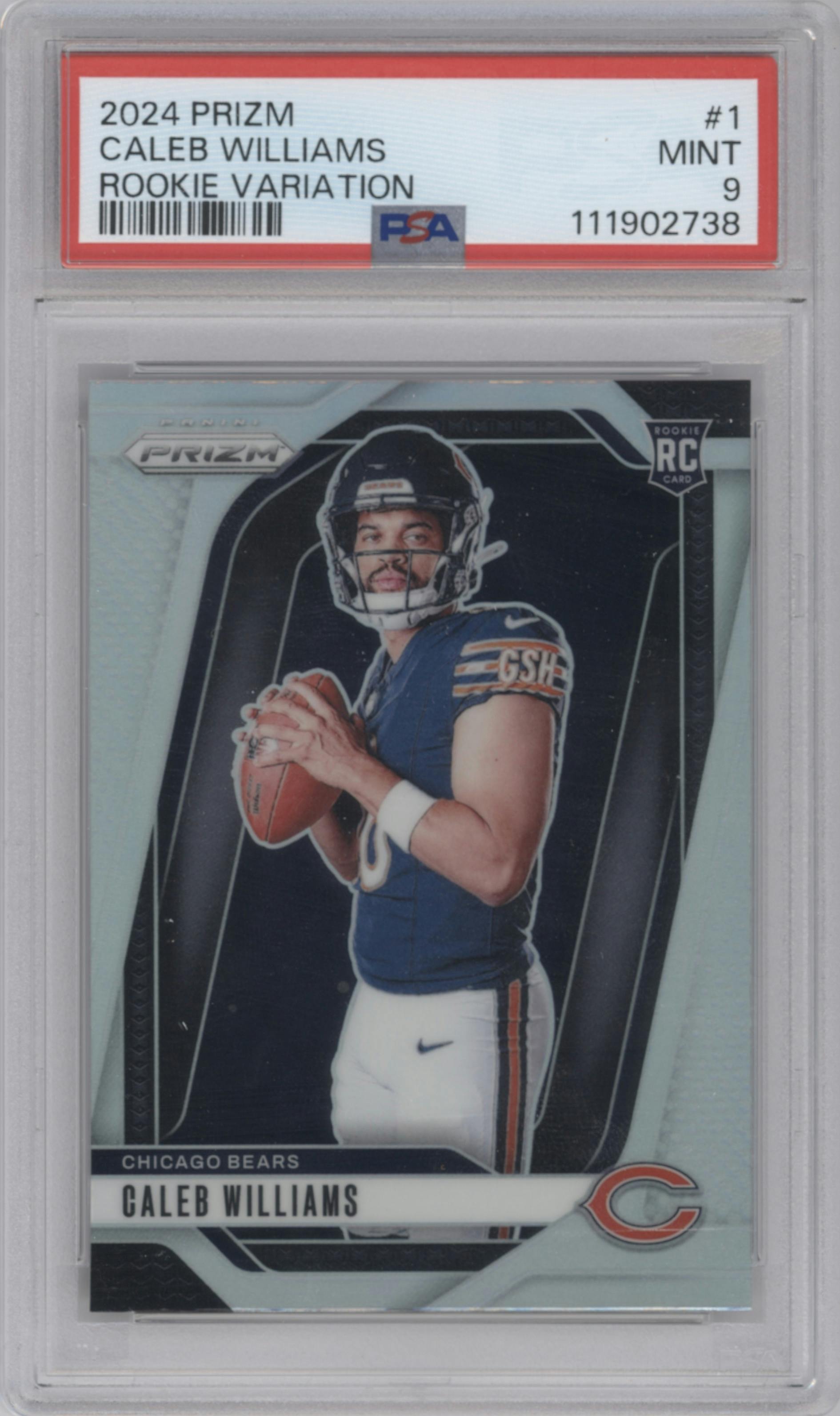 Caleb Williams from the 2024 Panini Prizm set graded by PSA and given an overall grade of 9.