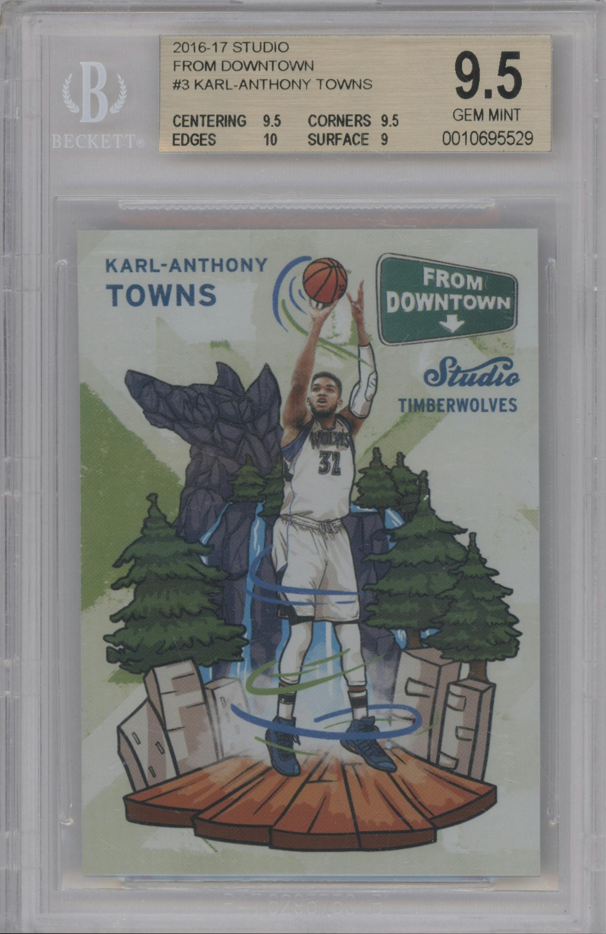 Karl-Anthony Towns from the 2016-17 Panini Studio set graded by Beckett and given an overall grade of 9.5.