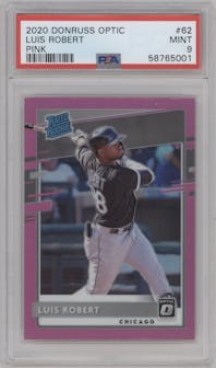 Luis Robert from the 2020 Panini Donruss Optic set featuring a Pink parallel graded by PSA and given an overall grade of 9.