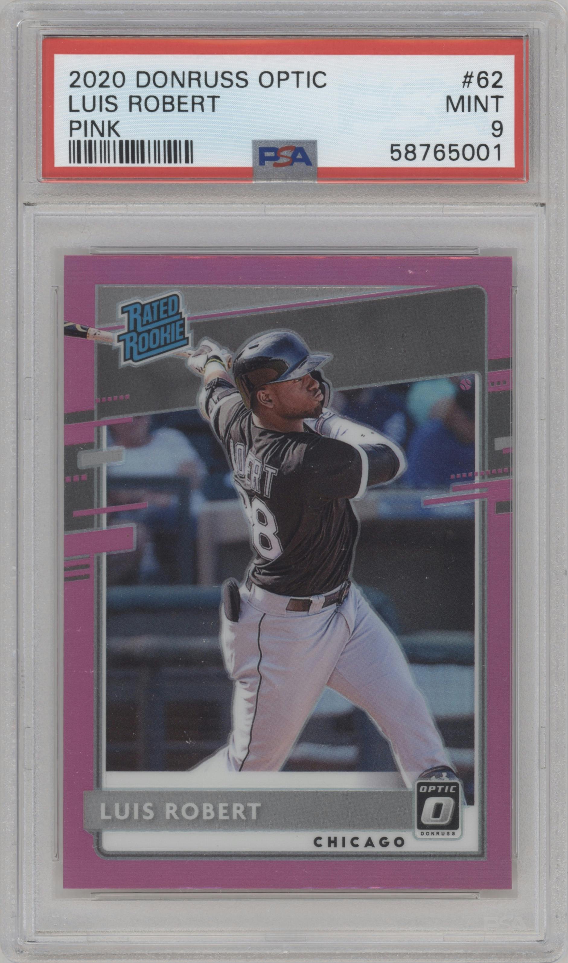 Luis Robert from the 2020 Panini Donruss Optic set featuring a Pink parallel graded by PSA and given an overall grade of 9.