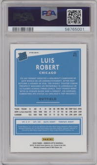 Luis Robert from the 2020 Panini Donruss Optic set featuring a Pink parallel graded by PSA and given an overall grade of 9.