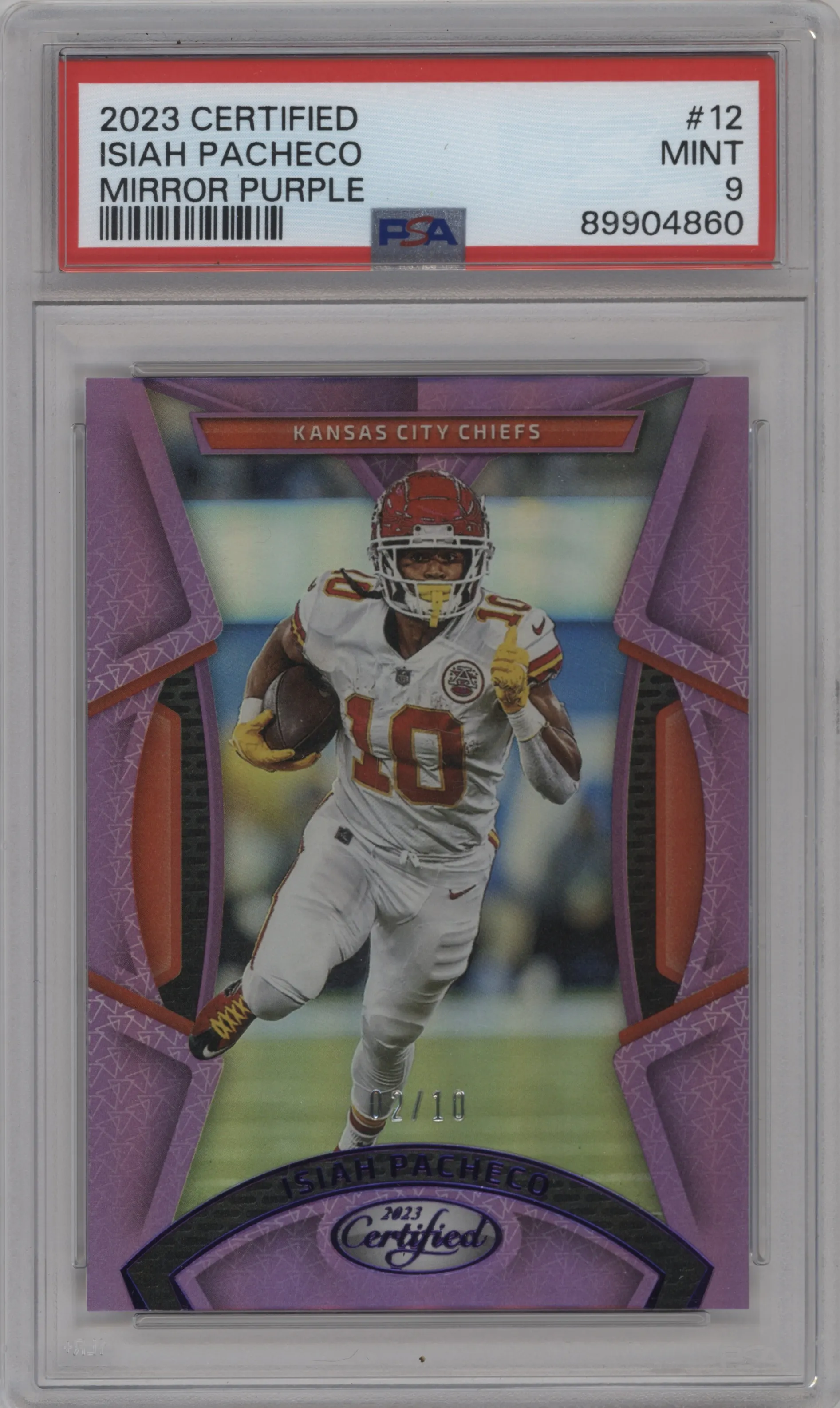2023 Panini Certified Isiah Pacheco Mirror Purple #12 PSA 9