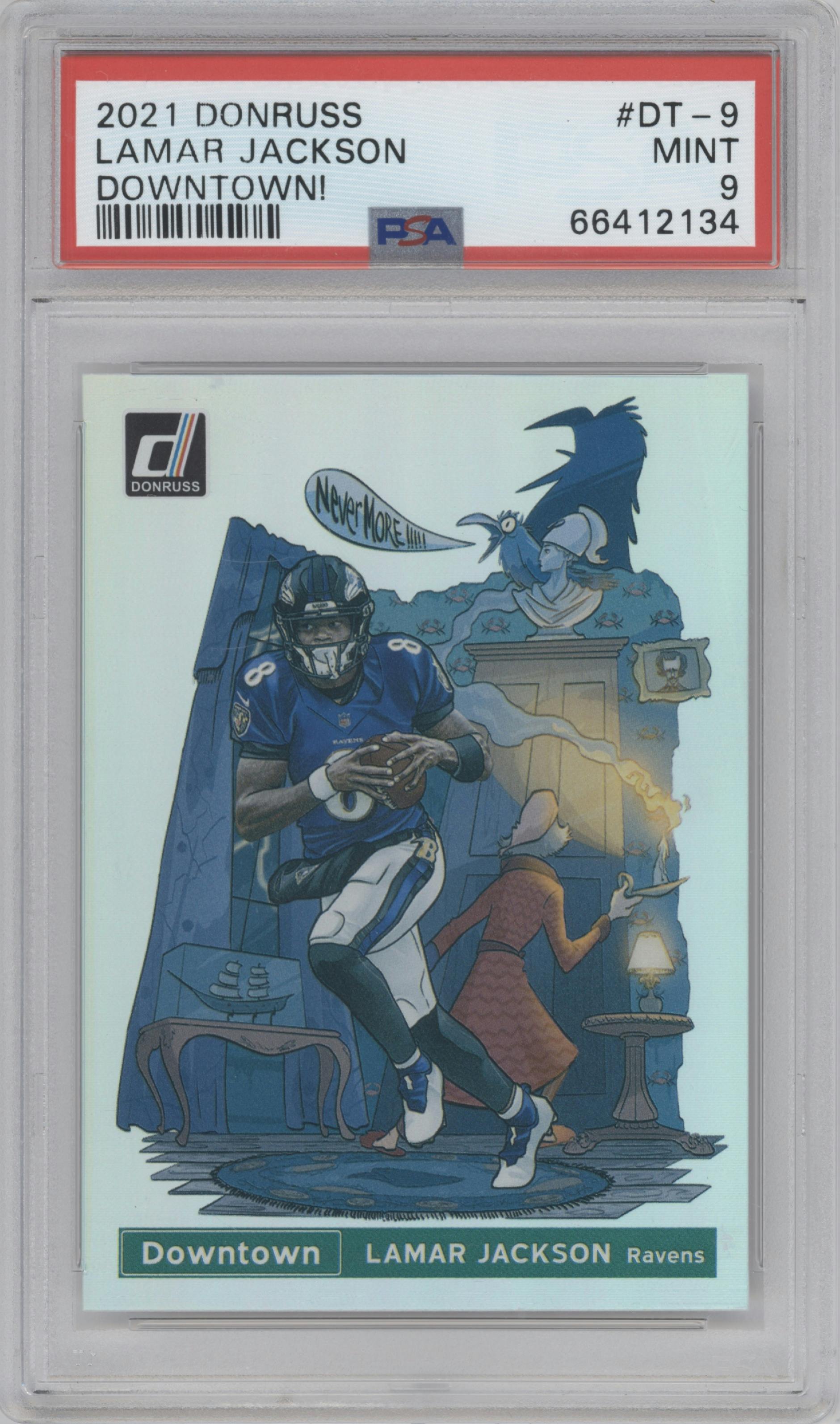 Lamar Jackson from the 2021 Panini Donruss set graded by PSA and given an overall grade of 9.