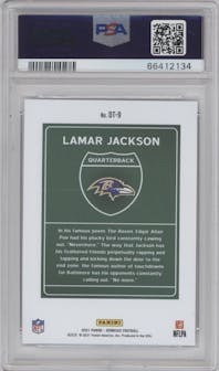 Lamar Jackson from the 2021 Panini Donruss set graded by PSA and given an overall grade of 9.