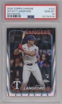 Wyatt Langford from the 2024 Topps Chrome set featuring a Raywave Refractor parallel graded by PSA and given an overall grade of 10.