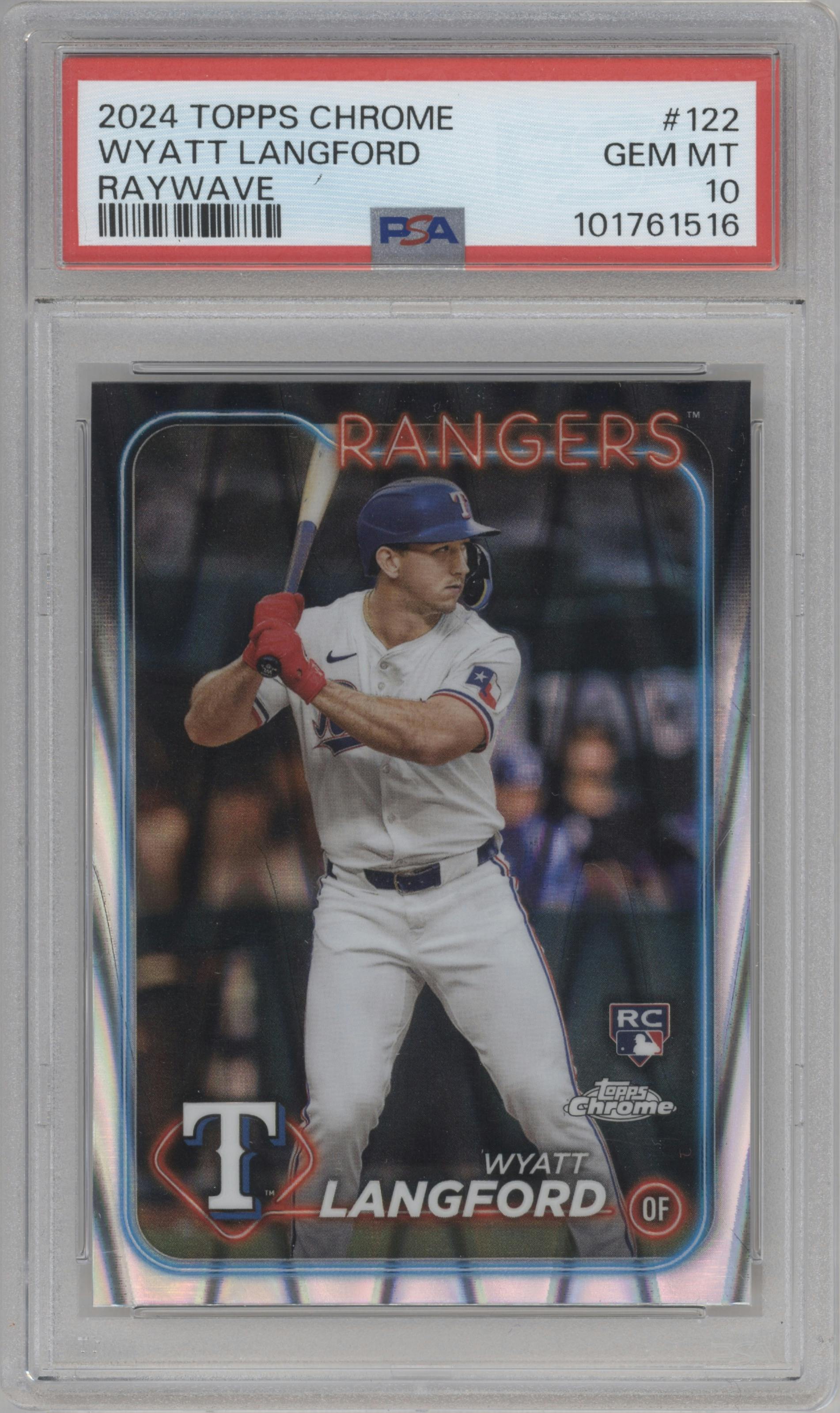 Wyatt Langford from the 2024 Topps Chrome set featuring a Raywave Refractor parallel graded by PSA and given an overall grade of 10.