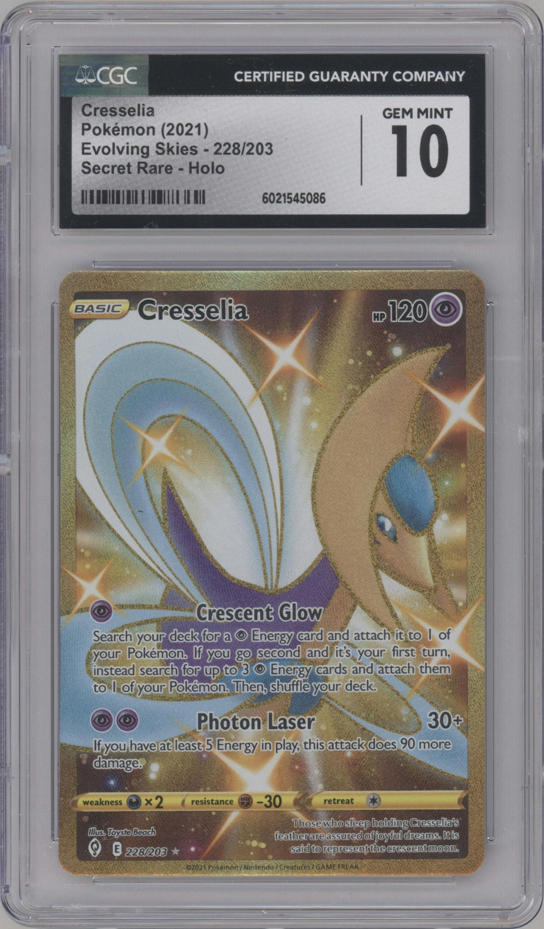 Cresselia from the 2021 Pokemon SWSH set graded by CSG and given an overall grade of 10.