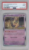 Indeedee from the 2024 Pokemon SV set featuring a Surging Sparks Pre-Release Staff parallel graded by PSA and given an overall grade of 9.
