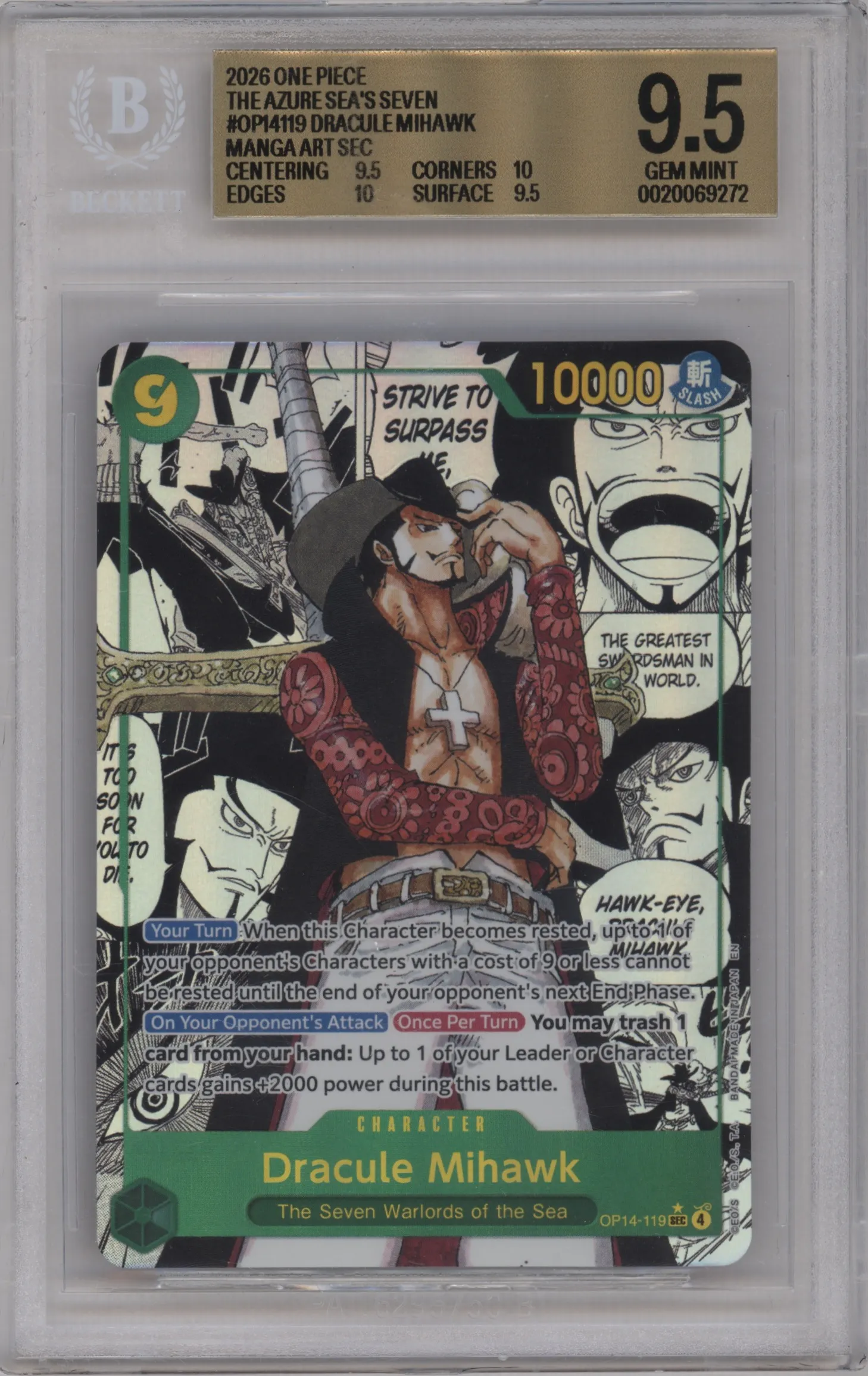 2026 One Piece The Azure Sea's Seven Dracule Mihawk Manga Alt Art BGS 9.5