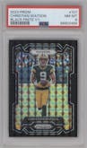 Christian Watson from the 2023 Panini Prizm set featuring a Black Finite parallel graded by PSA and given an overall grade of 8.