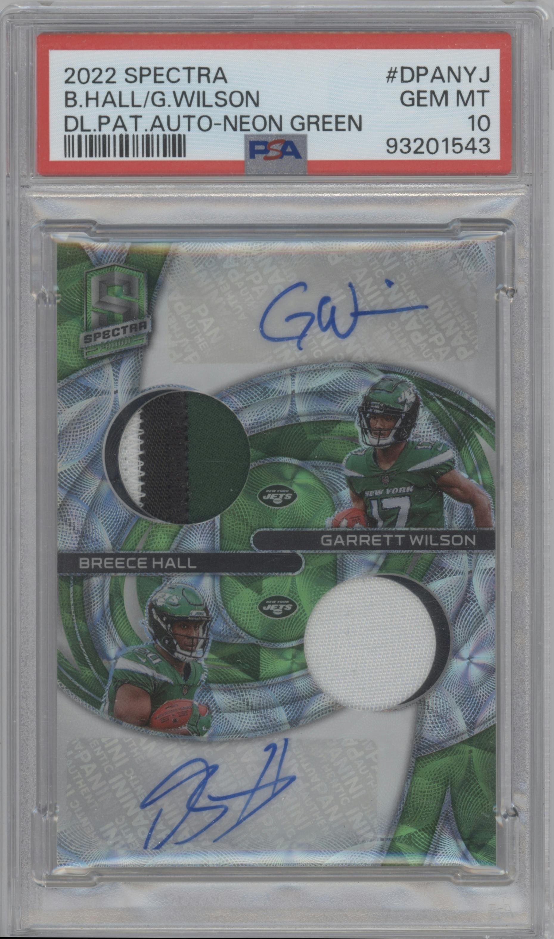 Garrett Wilson/Breece Hall  from the 2022 Panini Spectra set featuring a Neon Green parallel graded by PSA and given an overall grade of 10.