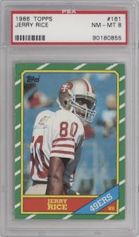 Jerry Rice from the 1986 Topps set graded by PSA and given an overall grade of 8.