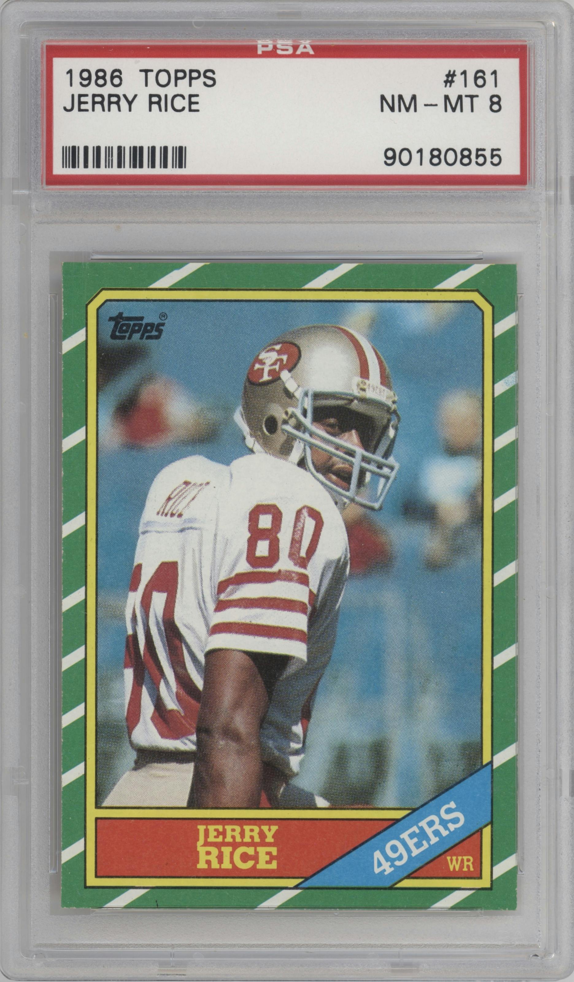 Jerry Rice from the 1986 Topps set graded by PSA and given an overall grade of 8.