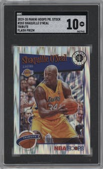 Shaquille O'Neal from the 2019-20 Panini Hoops Premium Stock set featuring a Flash parallel graded by SGC and given an overall grade of 10.