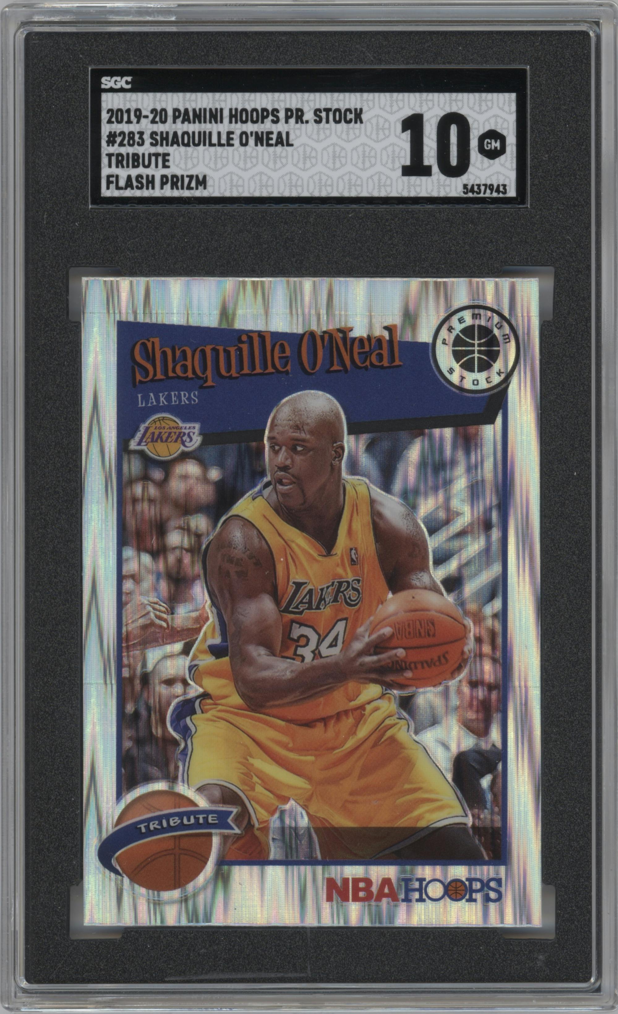 Shaquille O'Neal from the 2019-20 Panini Hoops Premium Stock set featuring a Flash parallel graded by SGC and given an overall grade of 10.