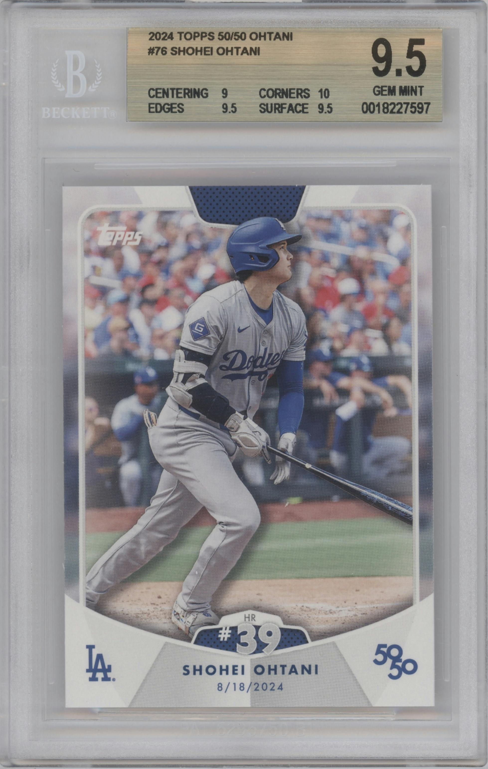 Shohei Ohtani from the 2024 Topps 50/50 set graded by Beckett and given an overall grade of 9.5.