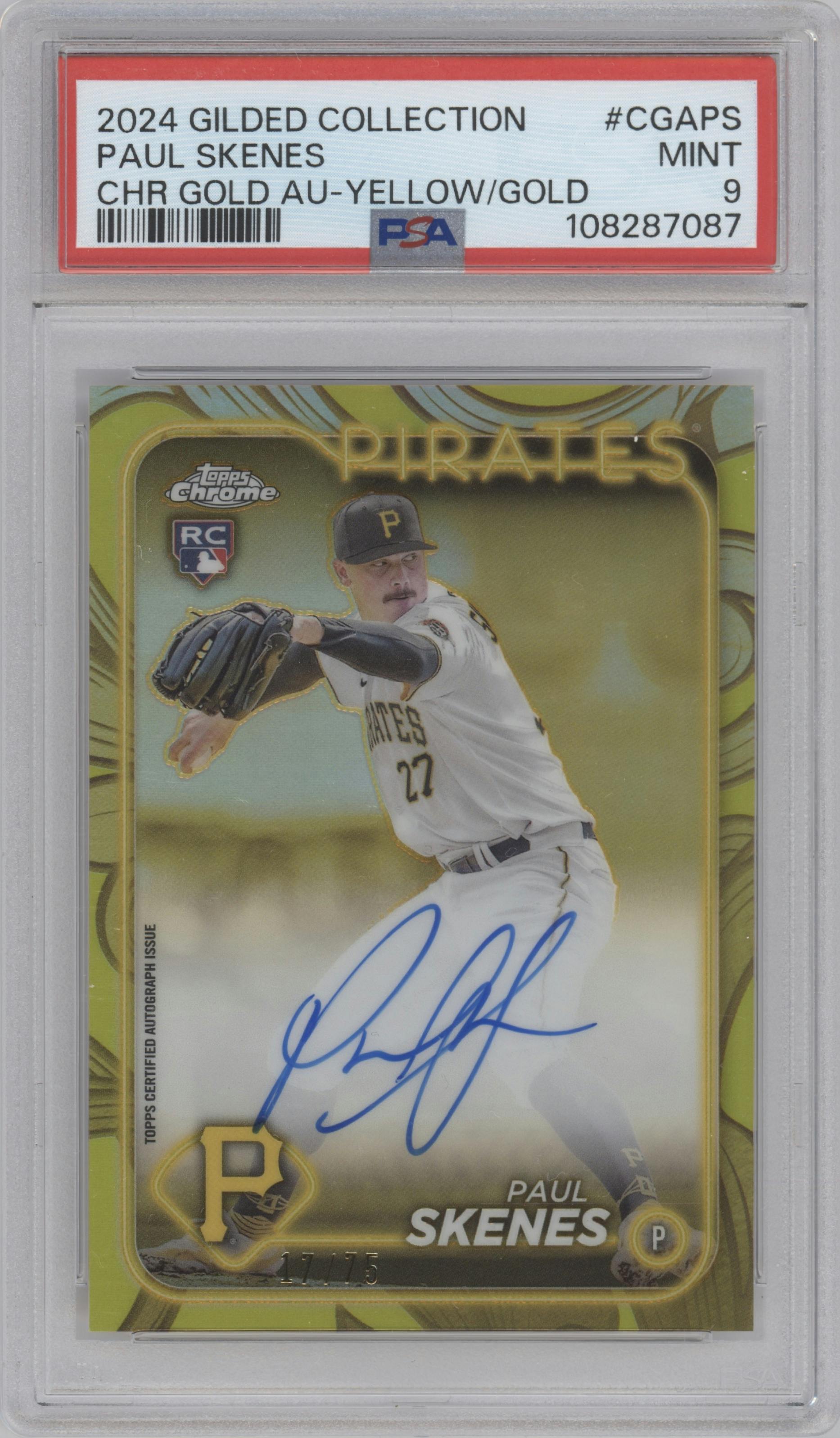 Paul Skenes from the 2024 Topps Gilded Collection set featuring a Yellow/Gold parallel graded by PSA and given an overall grade of 9.
