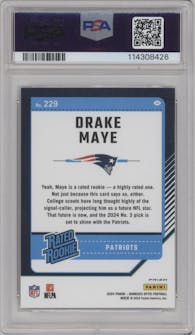 Drake Maye from the 2024 Donruss Optic set featuring a Holo parallel graded by PSA and given an overall grade of 10.
