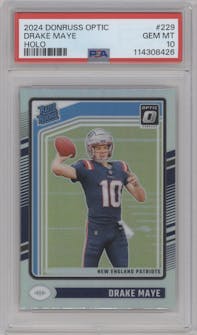 Drake Maye from the 2024 Donruss Optic set featuring a Holo parallel graded by PSA and given an overall grade of 10.