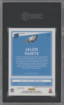 Jalen Hurts from the 2020 Panini Donruss Optic set featuring a Holo parallel graded by SGC and given an overall grade of 10.