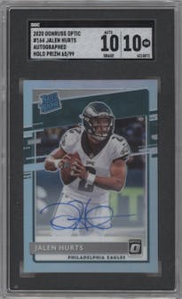 Jalen Hurts from the 2020 Panini Donruss Optic set featuring a Holo parallel graded by SGC and given an overall grade of 10.