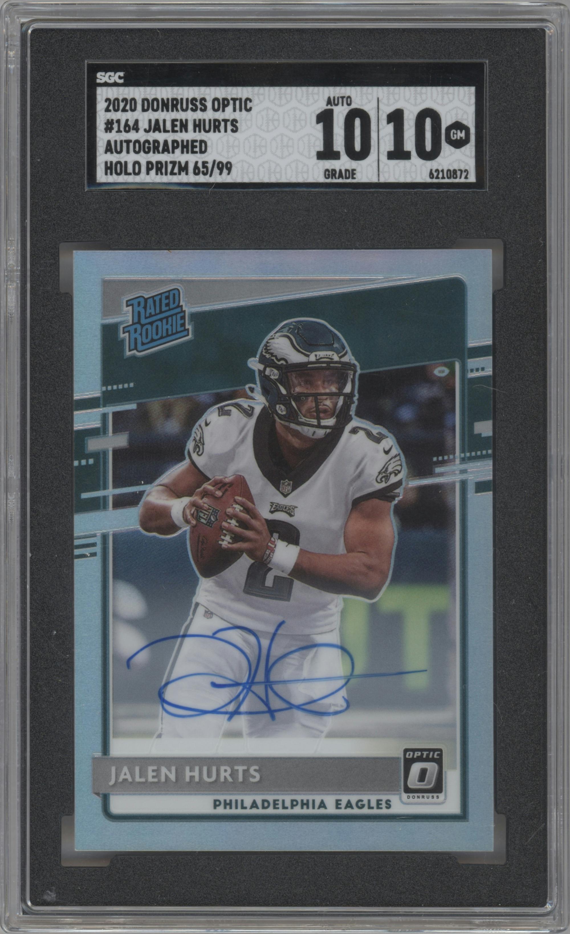 Jalen Hurts from the 2020 Panini Donruss Optic set featuring a Holo parallel graded by SGC and given an overall grade of 10.
