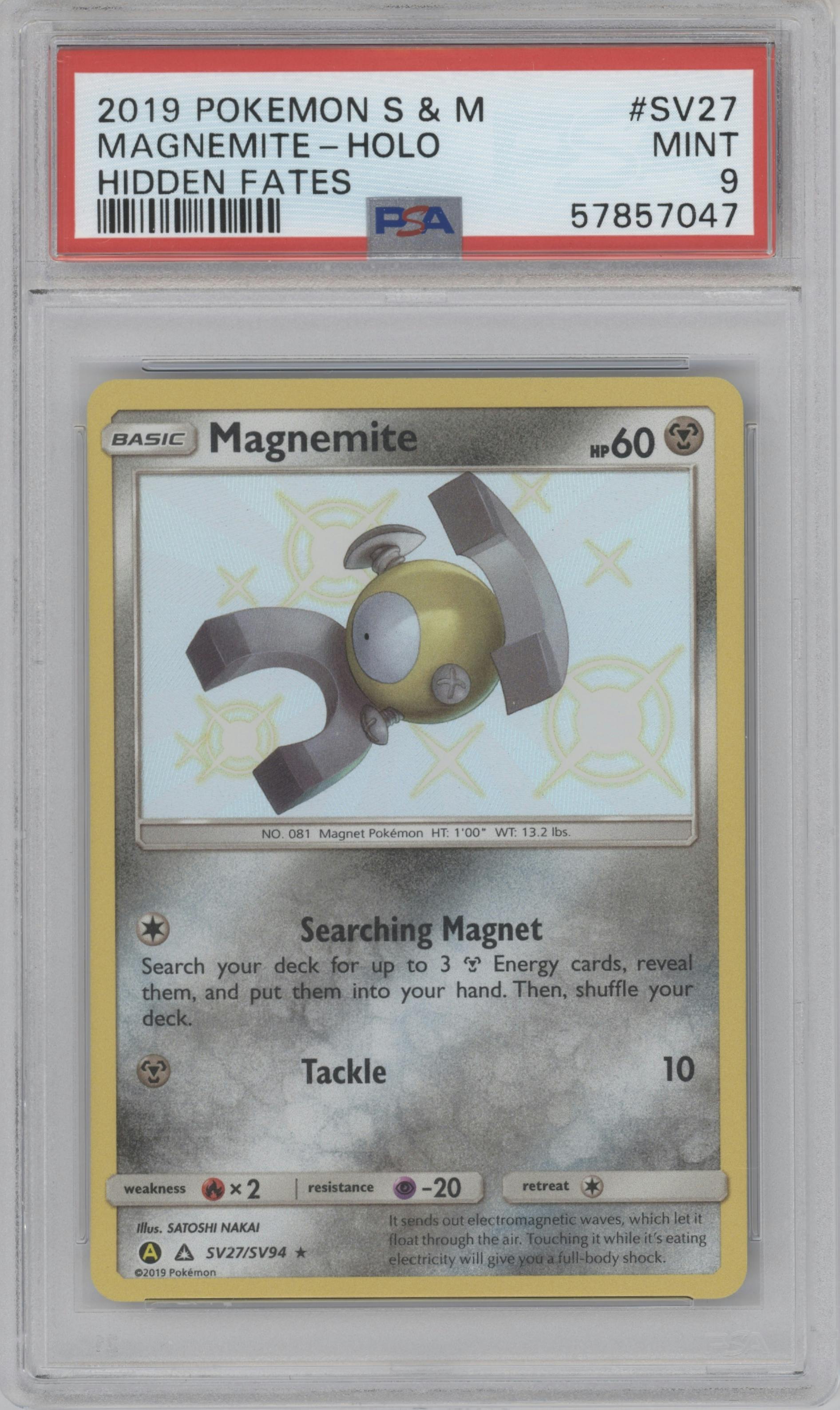 Magnemite from the 2019 Pokemon S&M  set graded by PSA and given an overall grade of 9.