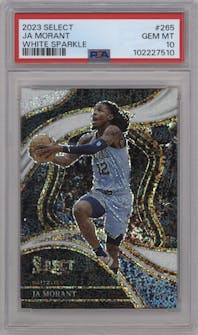 Ja Morant from the 2023-24 Panini Select  set featuring a White Sparkle parallel graded by PSA and given an overall grade of 10.