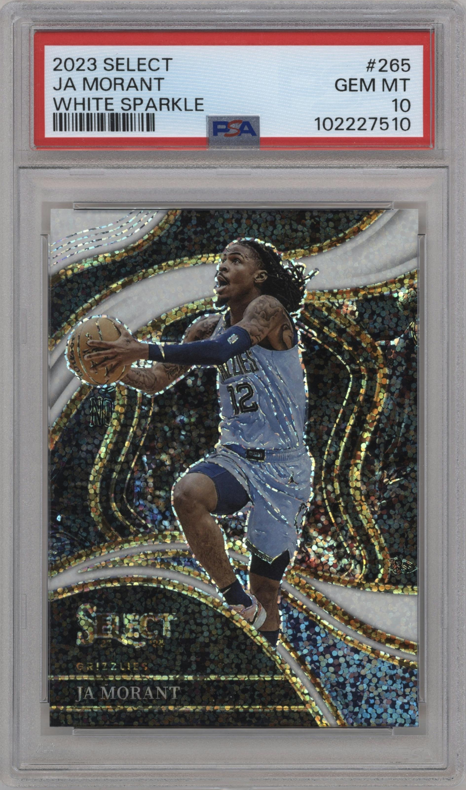 Ja Morant from the 2023-24 Panini Select  set featuring a White Sparkle parallel graded by PSA and given an overall grade of 10.