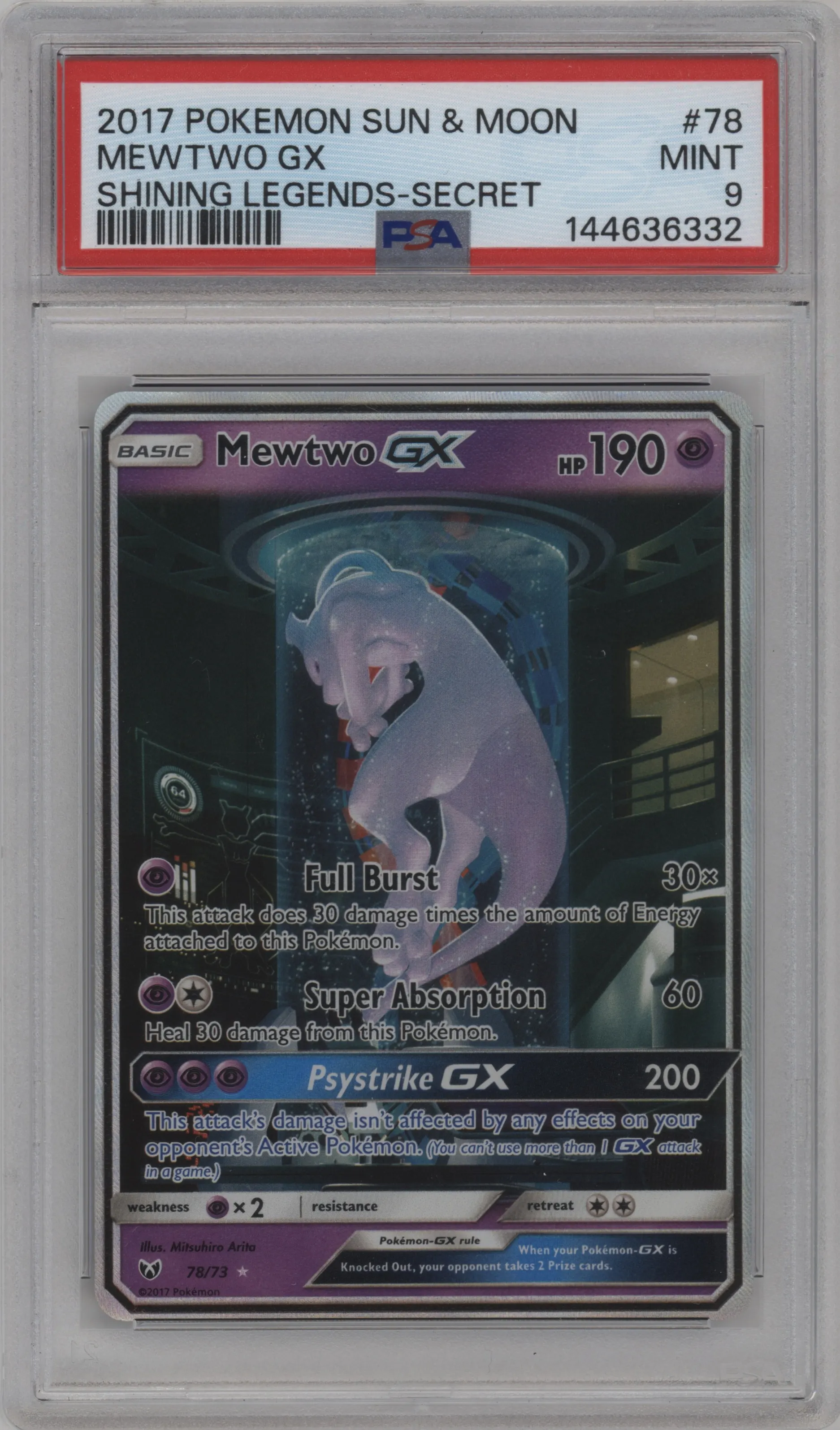 Mewtwo GX from the 2017 Pokemon S&M set graded by PSA and given an overall grade of 9.