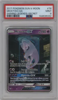 Mewtwo GX from the 2017 Pokemon S&M set graded by PSA and given an overall grade of 9.