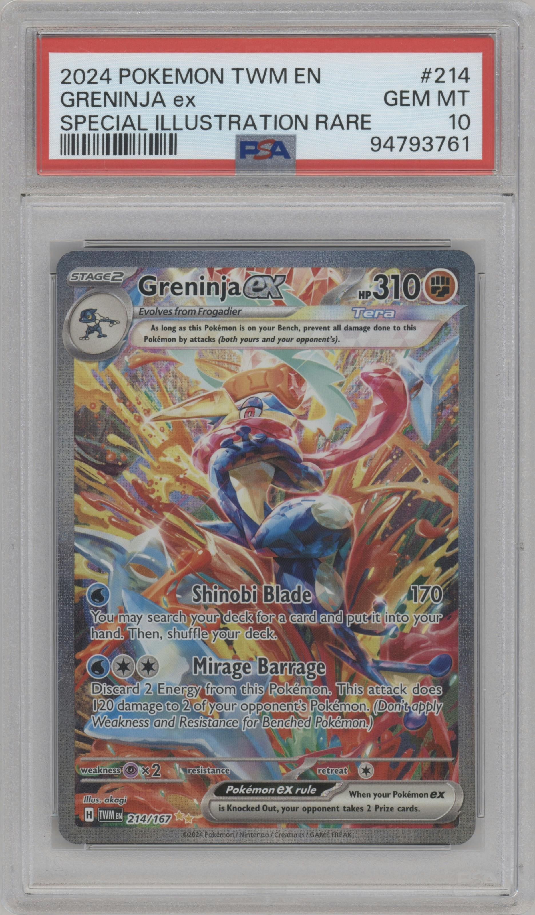 Greninja ex from the 2024 Pokemon SV set graded by PSA and given an overall grade of 10.