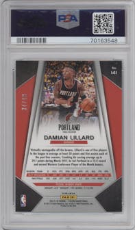 Damian Lillard from the 2017-18 Panini Prizm  set featuring a Orange Prizm parallel graded by PSA and given an overall grade of 9.