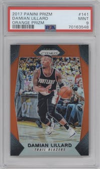 Damian Lillard from the 2017-18 Panini Prizm  set featuring a Orange Prizm parallel graded by PSA and given an overall grade of 9.