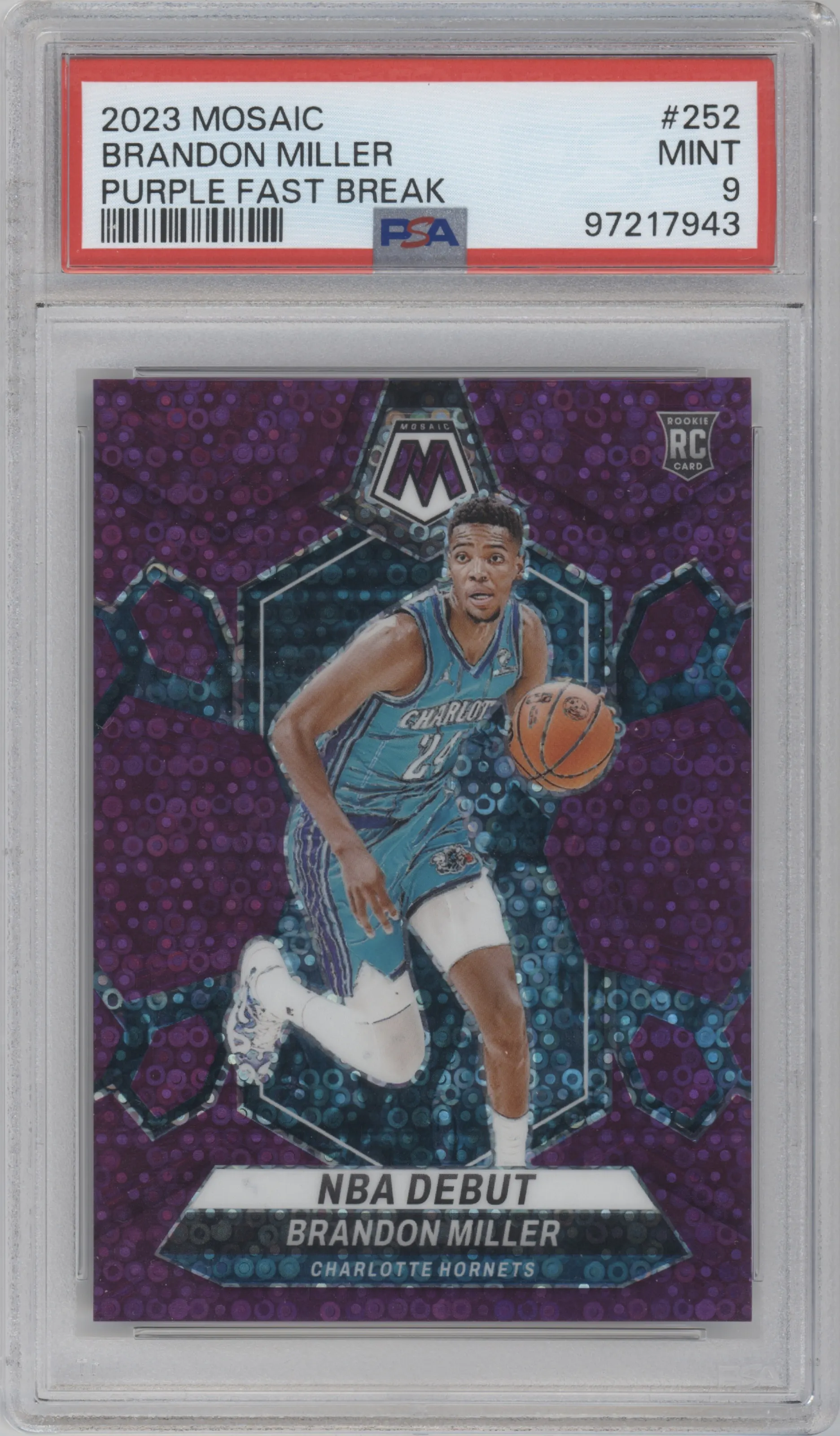 Brandon Miller from the 2023-24 Panini Mosaic set featuring a Fast Break Purple parallel graded by PSA and given an overall grade of 9.