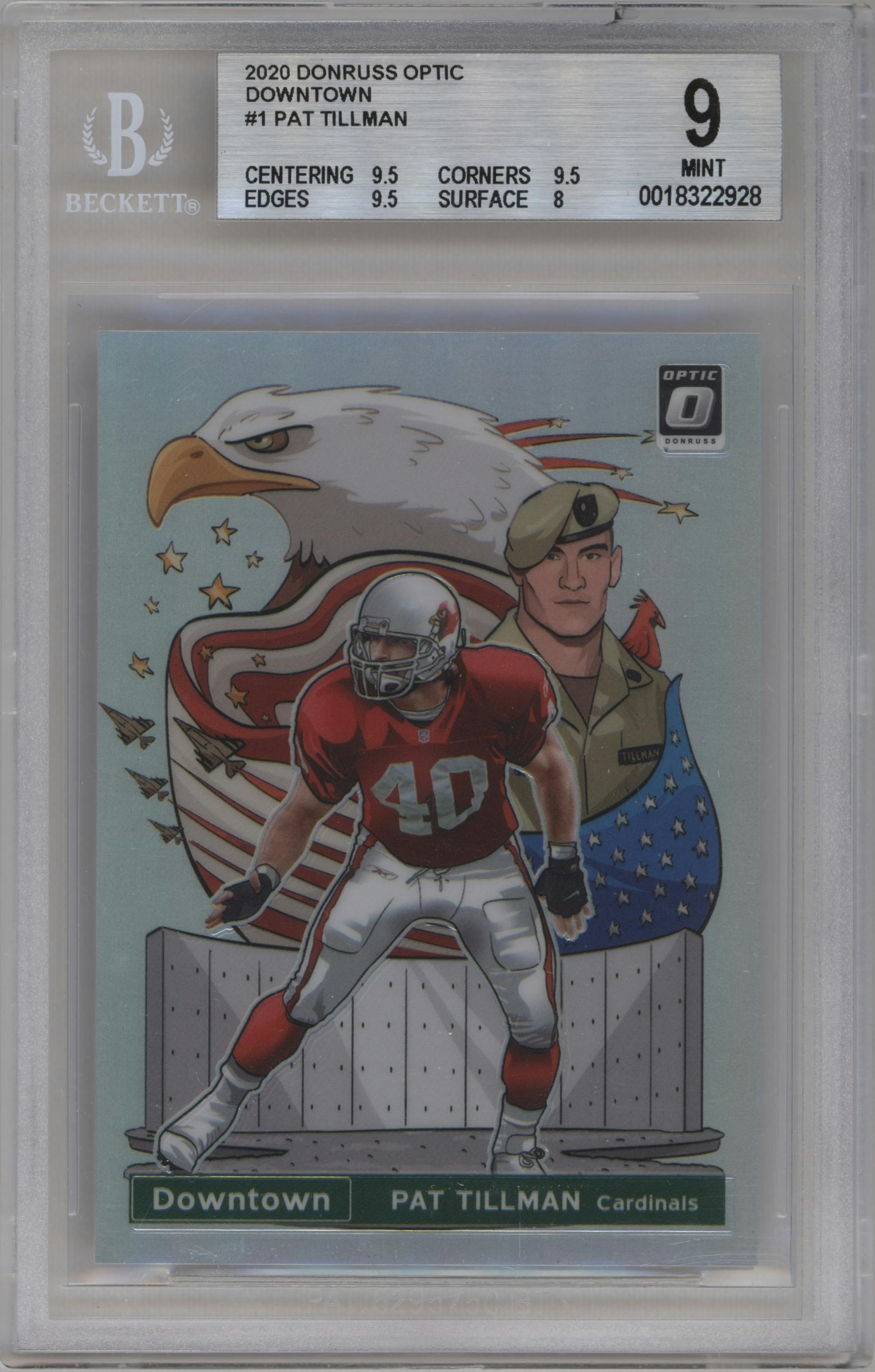 Pat Tillman from the 2020 Panini Donruss Optic set graded by Beckett and given an overall grade of 9.