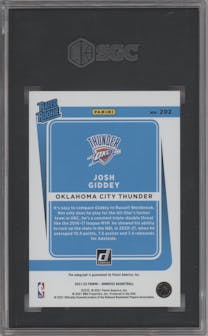Josh Giddey from the 2021-22 Panini Donruss set graded by SGC and given an overall grade of 9.