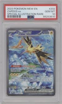 Zapdos EX from the 2023 Pokemon SV set graded by PSA and given an overall grade of 10.